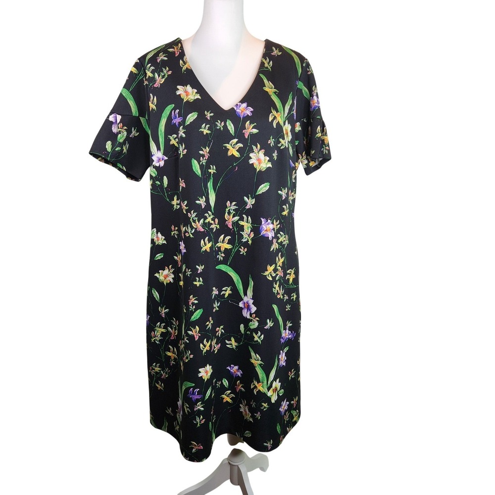 ABS Collection Black Floral V-Neck Flutter Sleeve Shift Lined Dress 16 Wedding - Picture 2 of 9
